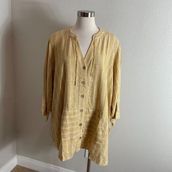 Isaac Mizrahi Live Bridgehampton Womens Plus 2X Mustard Striped Linen Tunic Top - Picture 1 of 9